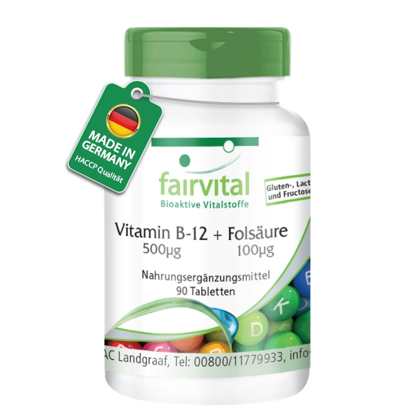 Vitamin B-12 + Folsäure 500µg / 100µg -  90 Tabletten - Schluckfreundlich - Für Immunsystem; Energie uvm. | Fairvital